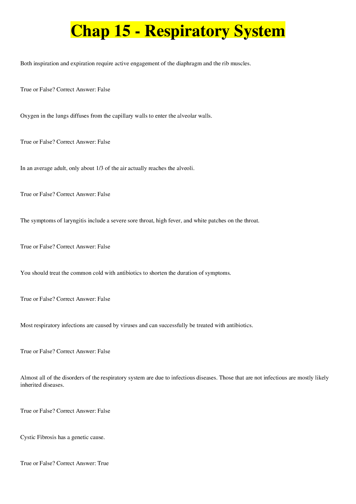 Preview image for Chap 15 - Respiratory System QUESTIONS AND ANSWERS GRADED A+